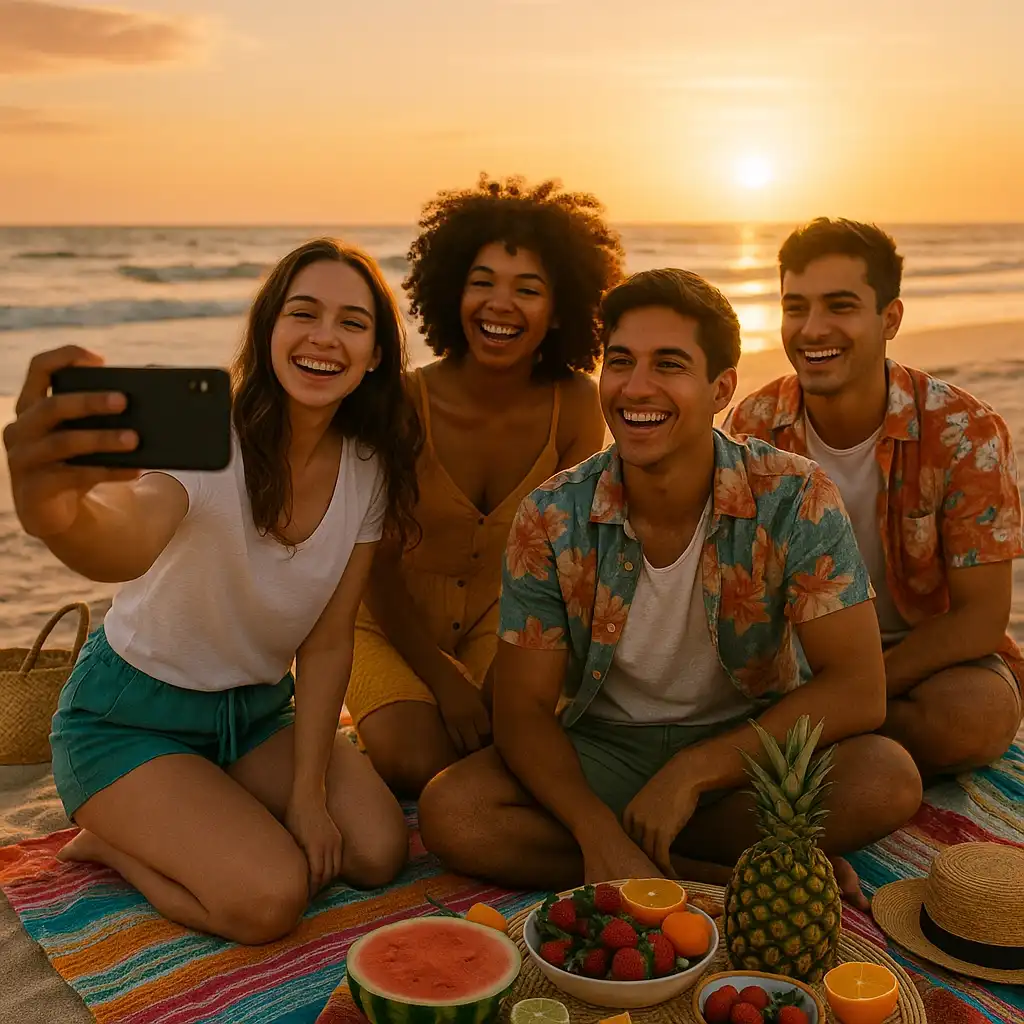 Young guests creating social media content at beachfront South Padre property
